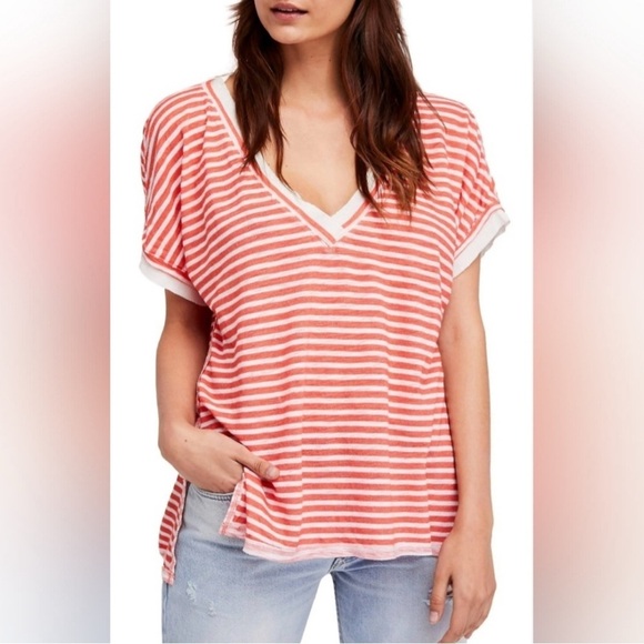 We The Free Tops - Small- WE THE FREE Linen-blend Coral Striped Oversized Raw Trim T-Shirt